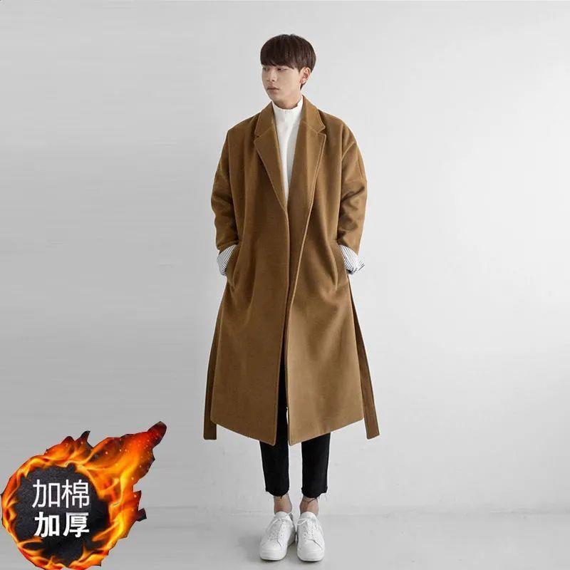 Mens Woolen Overcoat Autumn Winter 2022 New Mid-Length Thickened khaki 80 (belt-plus cotton)