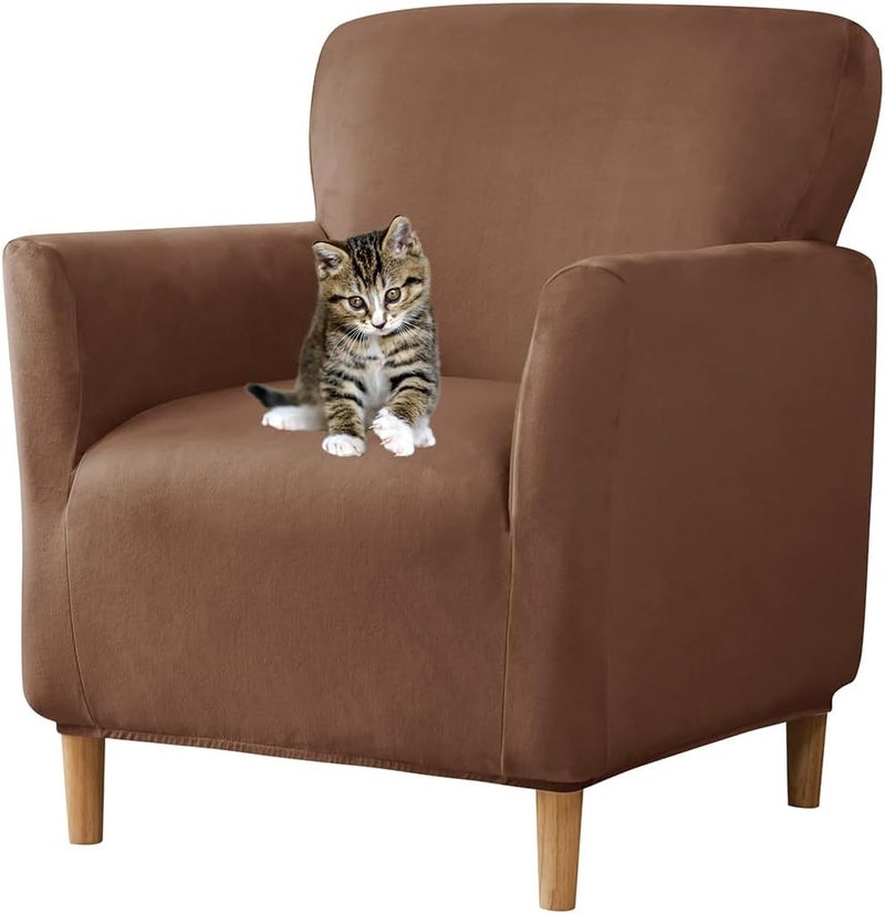 SONNACH Stretch Chair Covers with Arms 1-Piece Banquet Armchair Slipcover Velvet Mid Century Modern Armchair Slipcover Anti-Slip Furniture Protector for Living Room Friendly for Kids Pets (Coffee) - Image 1