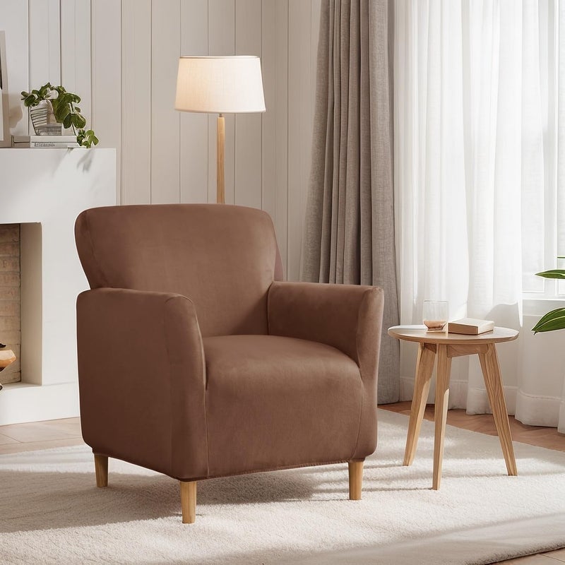 SONNACH Stretch Chair Covers with Arms 1-Piece Banquet Armchair Slipcover Velvet Mid Century Modern Armchair Slipcover Anti-Slip Furniture Protector for Living Room Friendly for Kids Pets (Coffee) - Image 2