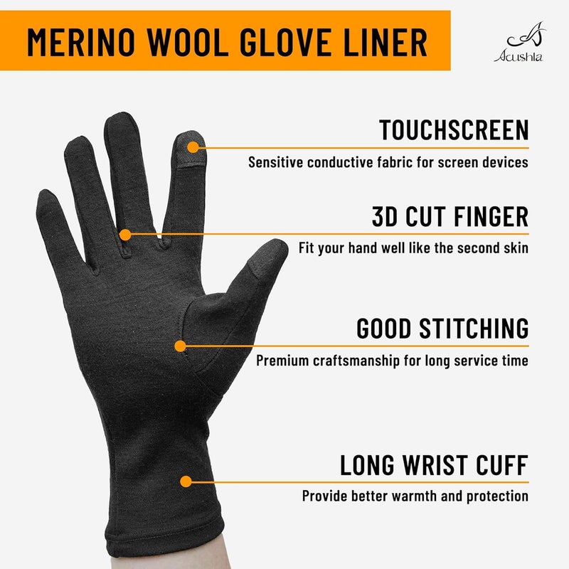 ACUSHLA 100% Merino Wool Touch Screen Lightweight Base Layer Ski Inner Glove for Men and Women - Image 3