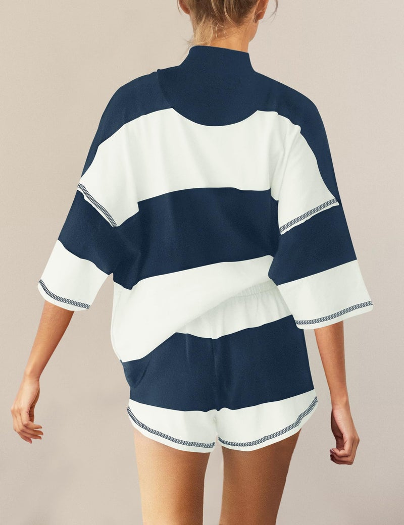 Panadila Women Striped Workout Set Two Piece Outfit Tracksuit Oversized Lounge Set Top and Shorts Sets with Pockets(Navy White Combo,M) - Image 3