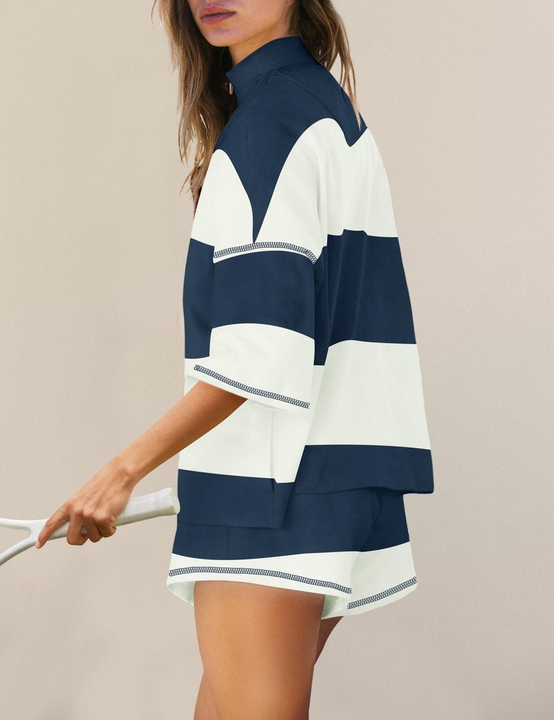 Panadila Women Striped Workout Set Two Piece Outfit Tracksuit Oversized Lounge Set Top and Shorts Sets with Pockets(Navy White Combo,M) - Image 2