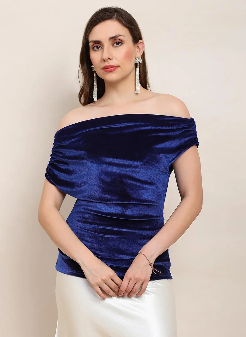 globus Globus Women Blue One Shoulder Gathered Detail Velvet Party Top