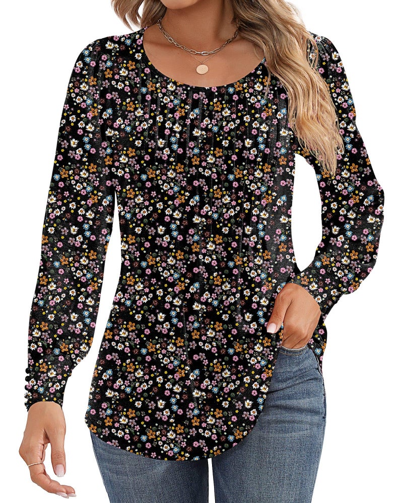 Ficerd Womens Puff Long Sleeve Tunic Tops Pleated Crew Neck Blouses Dressy Casual Loose Fit Fall and Winter ShirtsLargeBlack Flower