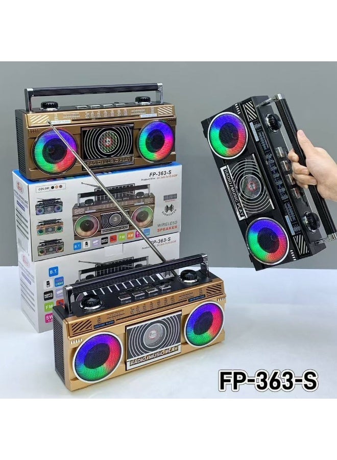 FP-363-S Retro Boombox Bluetooth Speaker – LED Lights, FM/USB/TF/AUX Support – Rechargeable Wireless Music Player - Image 2
