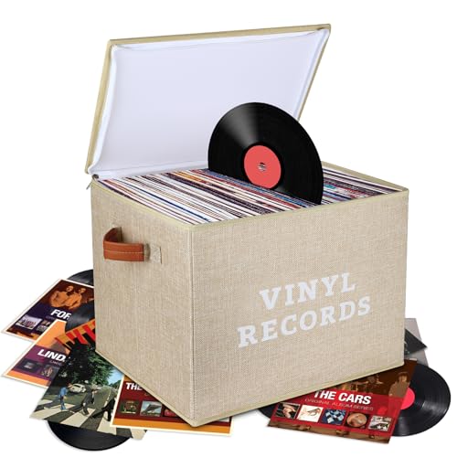 Lukeline Vinyl Record Storage Box, Decorative Moving Box for Records with Handles,LP Record Storage Holds up 100+ Records for Living Room, Study, Concert Hall or Office - Image 1