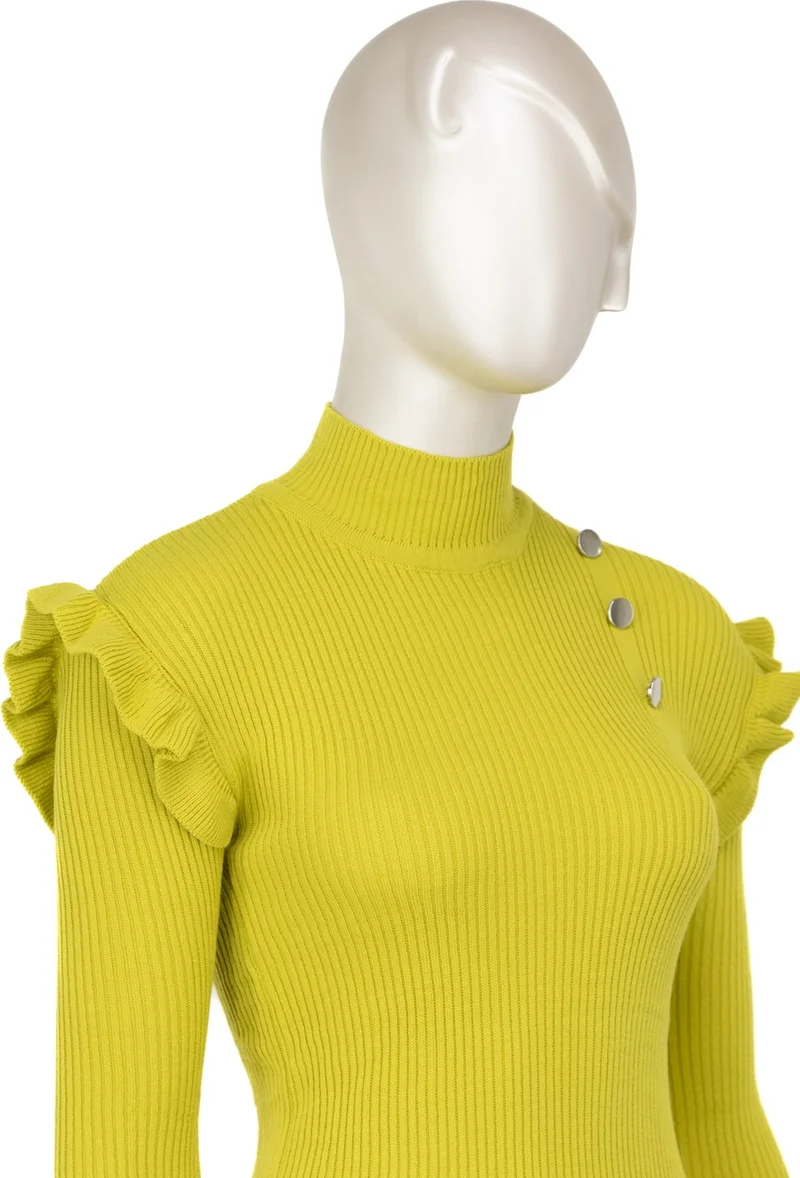Oppland Women's Winter Sleeves Stylish Button Detailed Half Collar Ruffled Shoulders Long Sleeve Fitted Lycra Knitted Knitwear Badi Sweater