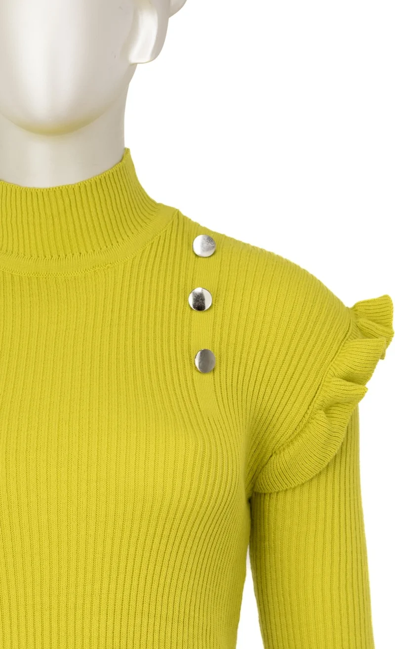 Oppland Women's Winter Sleeves Stylish Button Detailed Half Collar Ruffled Shoulders Long Sleeve Fitted Lycra Knitted Knitwear Badi Sweater