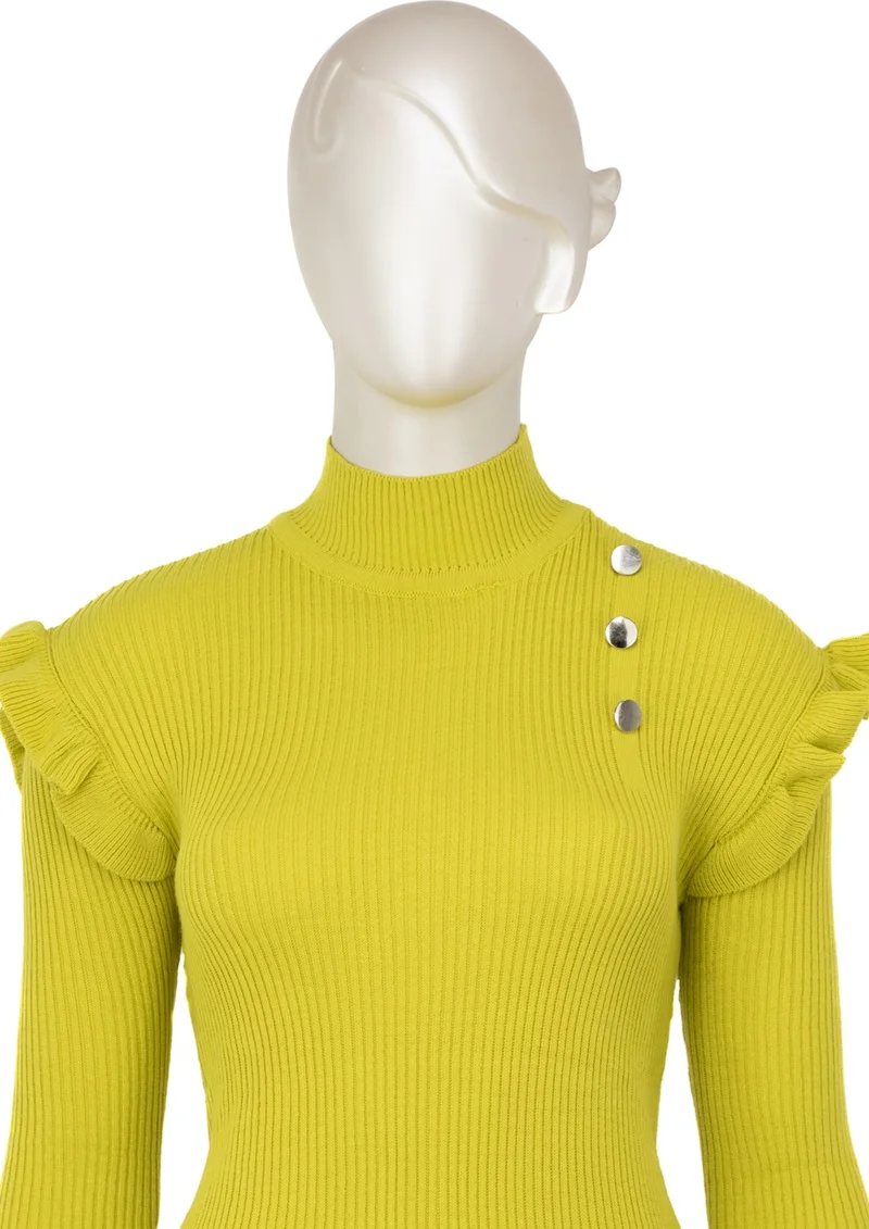 Oppland Women's Winter Sleeves Stylish Button Detailed Half Collar Ruffled Shoulders Long Sleeve Fitted Lycra Knitted Knitwear Badi Sweater