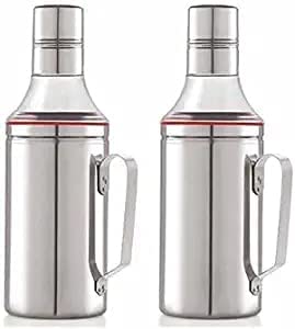 VISAXMI Stainless Steel Oil Dispenser Oil Container 1 Liter Oil Can for Kitchen Oil Bottle With Handle Oil Pourer With Nozzle 1 liter Pack of 2 Silver