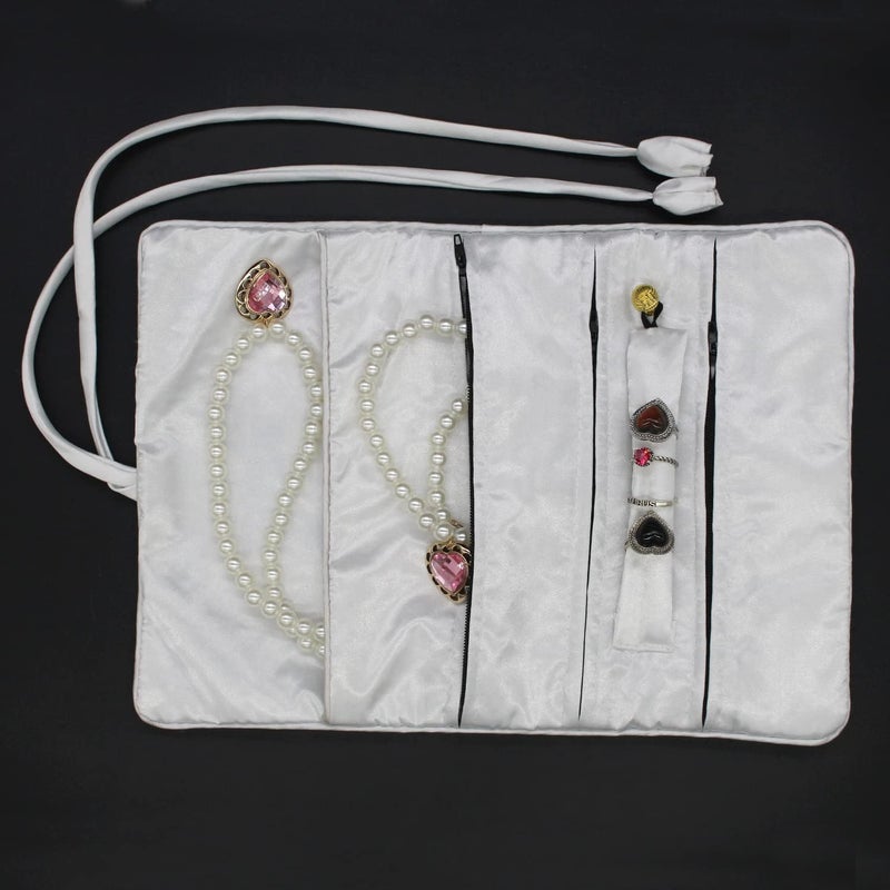 SmilerSmile Jewelry Travel Bag Embroidery Travel Jewelry Organizer with Tie Close Embroidered Flower Jewelry Roll for Women Girls (Butterfly/White) - Image 2