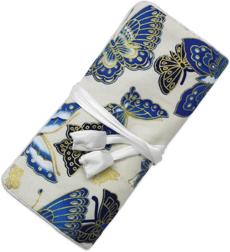 SmilerSmile Jewelry Travel Bag Embroidery Travel Jewelry Organizer with Tie Close Embroidered Flower Jewelry Roll for Women Girls (Butterfly/White) - Image 1
