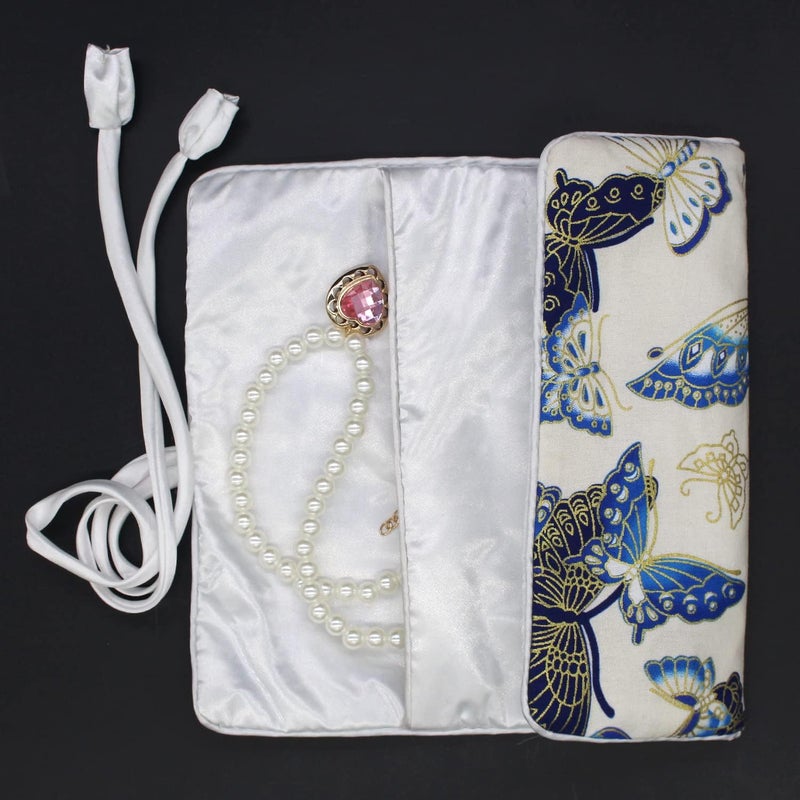 SmilerSmile Jewelry Travel Bag Embroidery Travel Jewelry Organizer with Tie Close Embroidered Flower Jewelry Roll for Women Girls (Butterfly/White) - Image 3