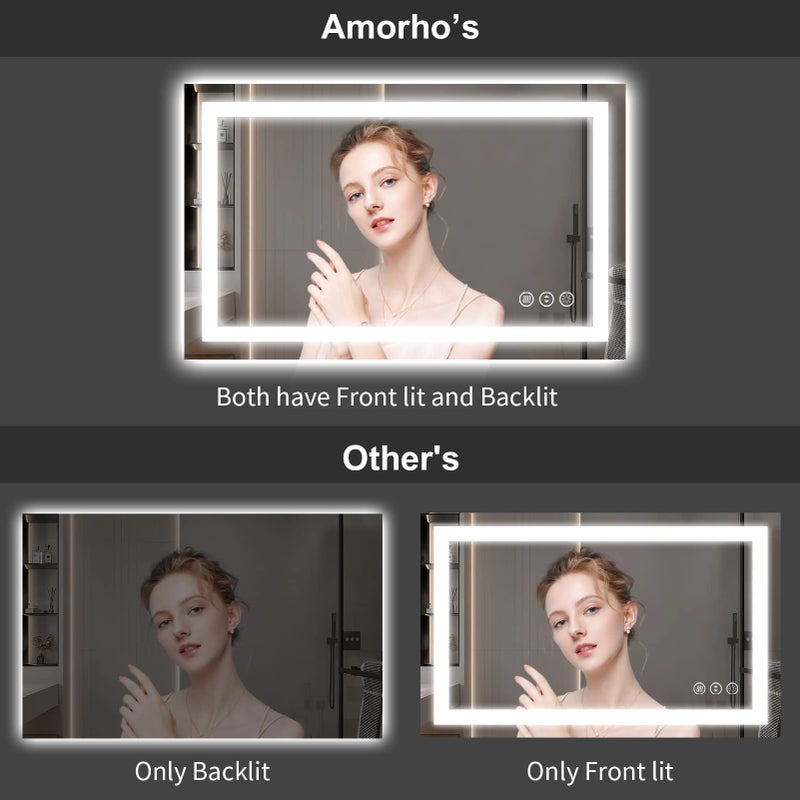 Amorho LED Bathroom Mirror, 20" X28" with Front Light and Backlit, Stepless Dimmable Wall Mount Mirrors, Anti-Fog, Shatter-Proof, Memory, 3 Colors Lihgting, LED Vanity Mirror(Horizontal/Vertical) - Image 2