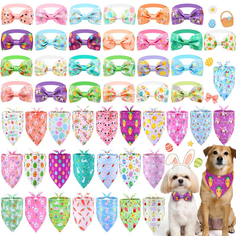 Sanwuta 50 Pcs Easter Dog Bandanas and Collar Bow Ties Set 25 Bandanas Bulk 25 Charm Dog Collar Pet Triangle Pet Scarf Bowtie for Small Medium LargeEaster - Image 2