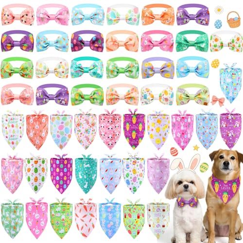 Sanwuta 50 Pcs Easter Dog Bandanas and Collar Bow Ties Set 25 Bandanas Bulk 25 Charm Dog Collar Pet Triangle Pet Scarf Bowtie for Small Medium LargeEaster - Image 1