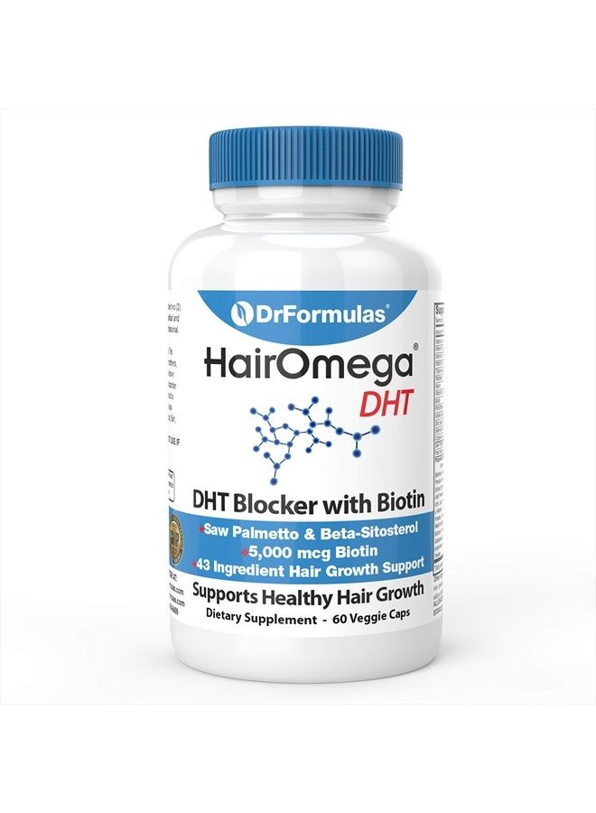 DrFormulas HairOmega DHT Blocker Biotin 5000 mcg Biotin، نمو الشعر 60 كبسولة نباتية. - Image 1