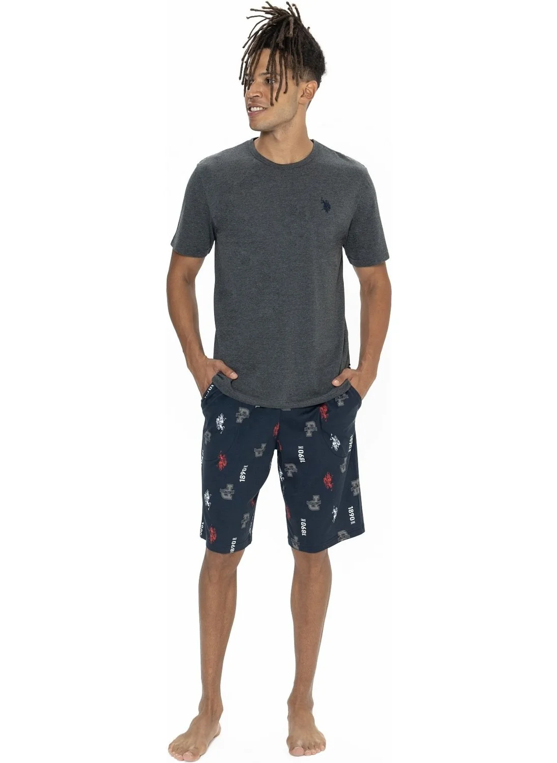 يو اس بولو اسن 18867 Men's Short Sleeve Crew Neck Shorts Pajama Set-Anthracite Melange