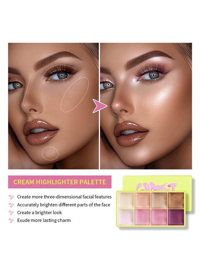 lakerain Cream Highlighter Palette,Highlighter Curve Comet Case, 8 Colors Cream Highlighter Shimmer Glow Silver Gold Blossom Glowy Finish Makeup Palette #01 - Image 4