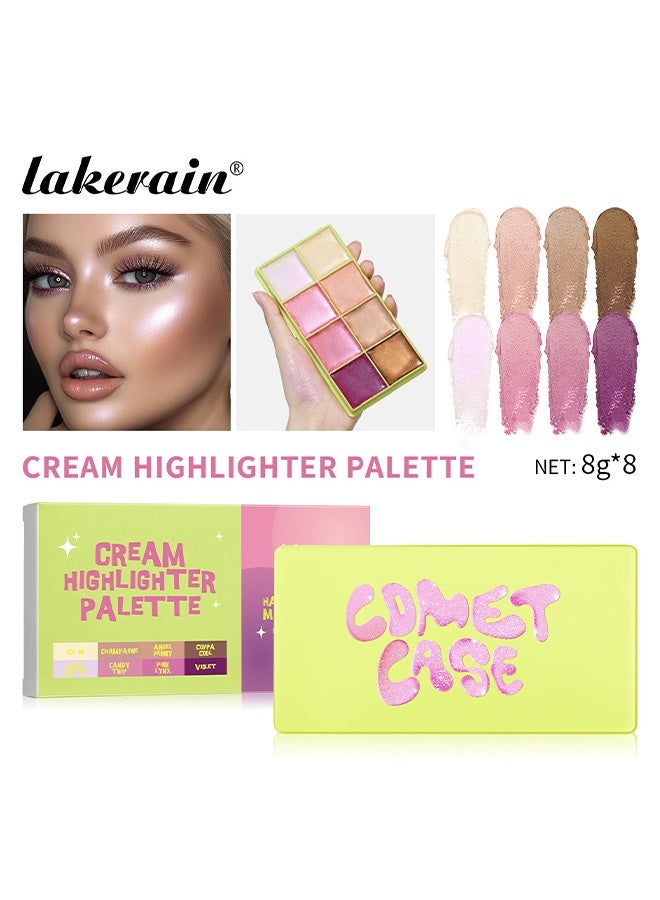 lakerain Cream Highlighter Palette,Highlighter Curve Comet Case, 8 Colors Cream Highlighter Shimmer Glow Silver Gold Blossom Glowy Finish Makeup Palette #01 - Image 2