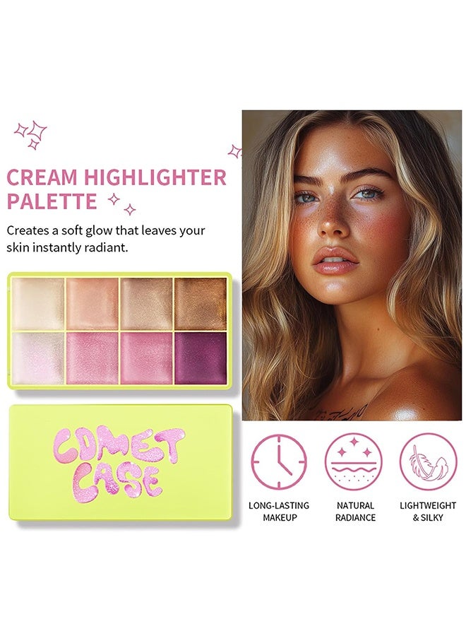 lakerain Cream Highlighter Palette,Highlighter Curve Comet Case, 8 Colors Cream Highlighter Shimmer Glow Silver Gold Blossom Glowy Finish Makeup Palette #01 - Image 5
