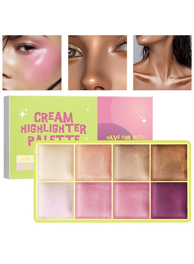 lakerain Cream Highlighter Palette,Highlighter Curve Comet Case, 8 Colors Cream Highlighter Shimmer Glow Silver Gold Blossom Glowy Finish Makeup Palette #01 - Image 1