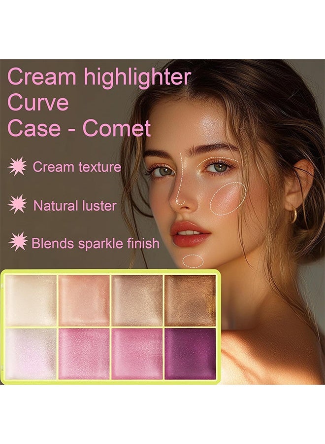 lakerain Cream Highlighter Palette,Highlighter Curve Comet Case, 8 Colors Cream Highlighter Shimmer Glow Silver Gold Blossom Glowy Finish Makeup Palette #01 - Image 3