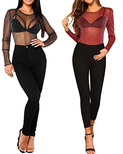 BelleLovin Women's Long Sleeve Glitter Mesh Tee Tops Sexy Night Out Blouse (Black - Mock Neck, Large) - Image 4