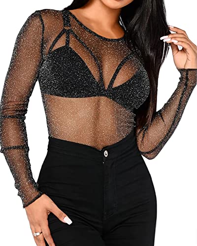 BelleLovin Women's Long Sleeve Glitter Mesh Tee Tops Sexy Night Out Blouse (Black - Mock Neck, Large) - Image 5