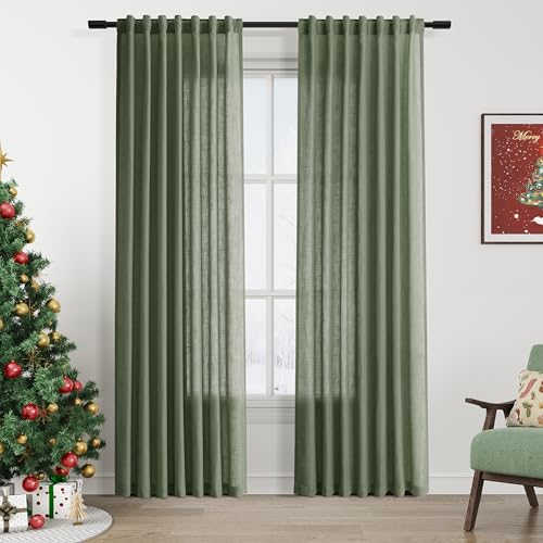 Nanspring Christmas Olive Green Linen Curtains 84 Inches Long for Bedroom Back Tab Light Filtering Privacy Semi Sheer Curtains Modern Farmhouse Decor Olive Green Curtain for Living Room 2 Panels 52x84 - Image 1