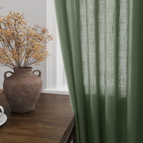 Nanspring Christmas Olive Green Linen Curtains 84 Inches Long for Bedroom Back Tab Light Filtering Privacy Semi Sheer Curtains Modern Farmhouse Decor Olive Green Curtain for Living Room 2 Panels 52x84 - Image 2