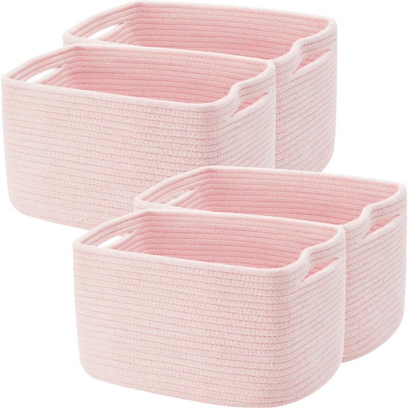 ENAORGAN Set of 4 Pink Rope Basket for Shelves Woven Rectangle Storage Basket Bins for Nursery Toy Storage for Baby Girl - Image 1
