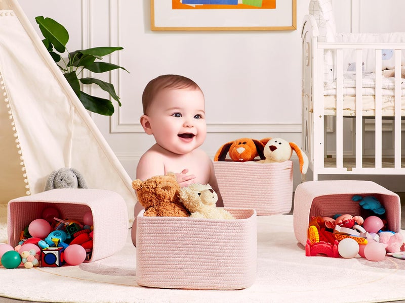 ENAORGAN Set of 4 Pink Rope Basket for Shelves Woven Rectangle Storage Basket Bins for Nursery Toy Storage for Baby Girl - Image 5