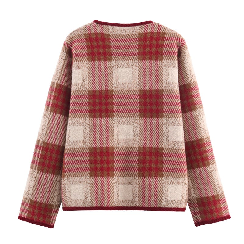 HOULENGS Womens Vintage Plaid Print Button Down Cardigan Sweaters Long Sleeve Knit Sweater Jackets with Pocket Fall Fashion Red Medium - Image 4