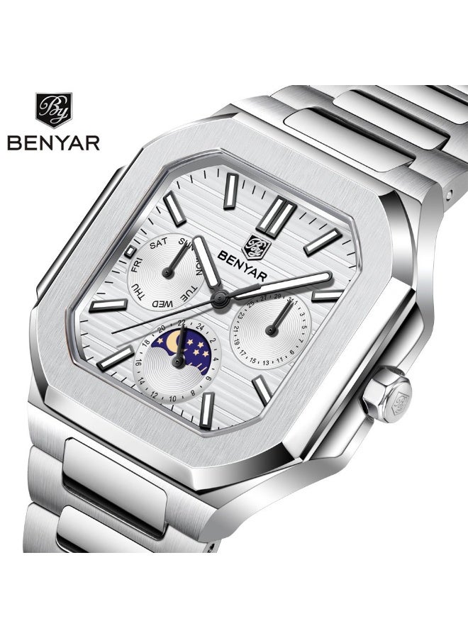 BENYAR Watches for Men Watch Luxury Stainless Steel Quartz Water Resistant Watch 5221SIWT - Image 3