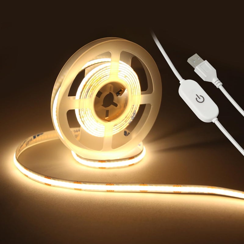 أضواء شريط LED 5V USB 16.4ft/5m، ضوء شريط USB قابل للتعتيم بدون خطوات باللمس 3000K أبيض دافئ مرنة 5V أضواء LED لغرفة النوم والمطبخ، ديكور غرفة الإضاءة DIY أضواء LED للتلفزيون - Image 1