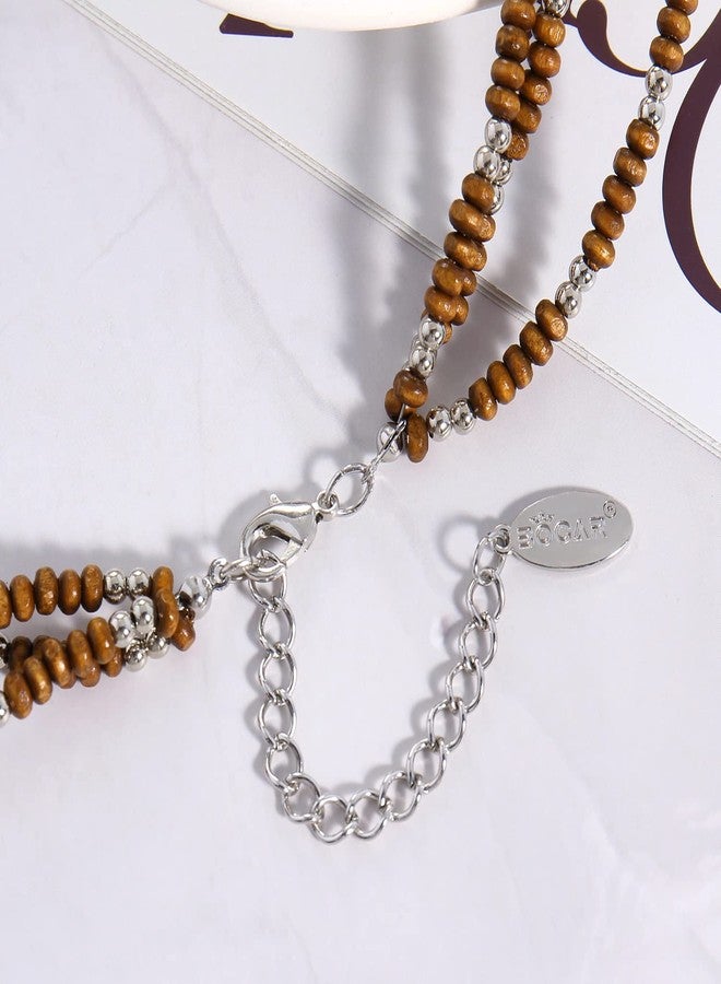 بوكار قلادة بوكار ثلاثية الطبقات من الخرز الخشبي الفيروزي، قلادة سميكة متعددة الخيوط مصنوعة يدويًا، مجوهرات طوق للنساء، هدايا (NK-10124) (124-قلادة) - Image 4