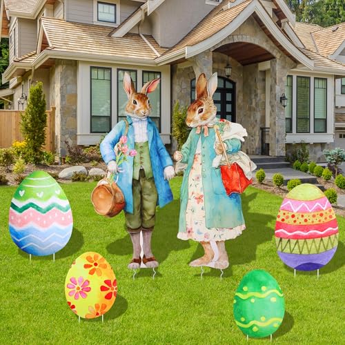 Vivantia 6 Pack Easter Yard Signs Vintage Bunny Couple & Colorful Easter Eggs Corrugated Plastic Lawn Signs Outdoor Spring Decor for Lawn, Patio, Egg Hunt Party - Image 1