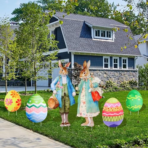 Vivantia 6 Pack Easter Yard Signs Vintage Bunny Couple & Colorful Easter Eggs Corrugated Plastic Lawn Signs Outdoor Spring Decor for Lawn, Patio, Egg Hunt Party - Image 5