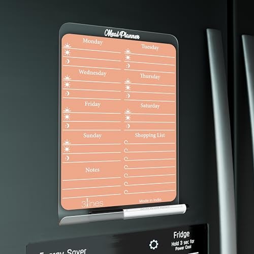 3 Lines ClearBite Acrylic Magnetic Meal Planner Board | Sleek & Durable | Includes Marker & Duster | 24x16 CM | Perfect for Meal Planning, Shopping Lists, Notes | Ideal for Home, Office | Apricot - Image 1