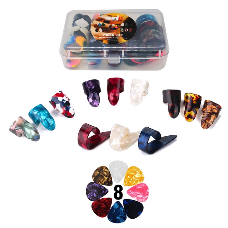 SUNLP Thumb Finger Picks Plectrum With Plastic Picks Case, 1 Dozen (3 Pairs) SUNLP Celluloid Guitar thumb finger picks Mandolin Banjo thumb finger picks and Free 8pcs 0.46mm Guitar Picks (Mix Color) - Image 1