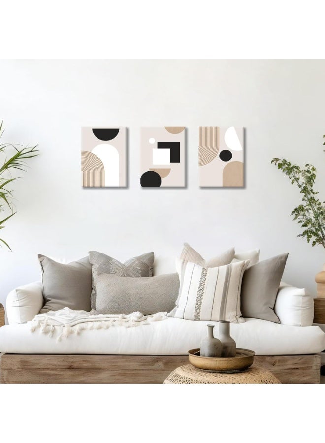 INSIJAM Set Of 3 Framed Canvas Wall Arts Beige White Geometric Lines Boho Canvas Wall Art Set Framed Mid Century Minimalist Modern Wall Picture Nordic Art Prints Painting Artwork for Bedroom Living Room Office Ready to Hang - Image 1