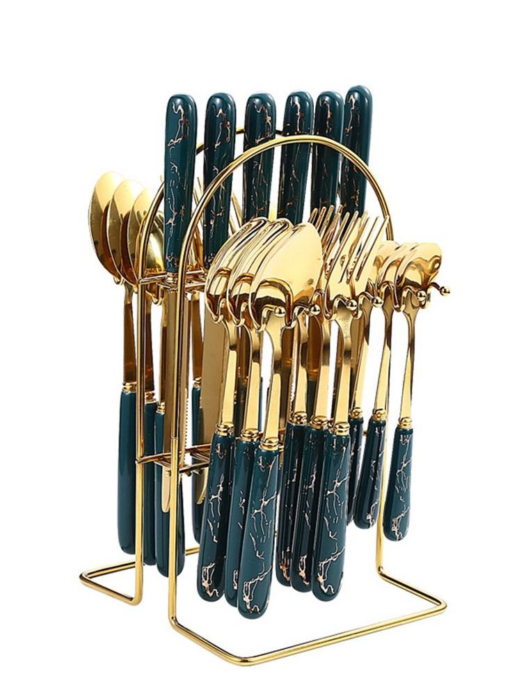 Captaintech 24 Piece Ceramics Stainless Steel Flatware Set with Knife Spoon Fork（Dark Green）  - Image 1