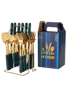 Captaintech 24 Piece Ceramics Stainless Steel Flatware Set with Knife Spoon Fork（Dark Green）  - Image 5