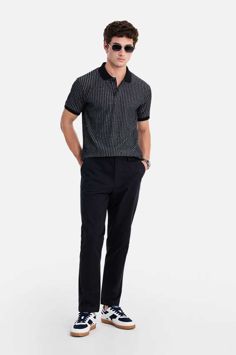 سنيتش Black Textured Half Sleeve Slim Fit Vacation T-Shirt