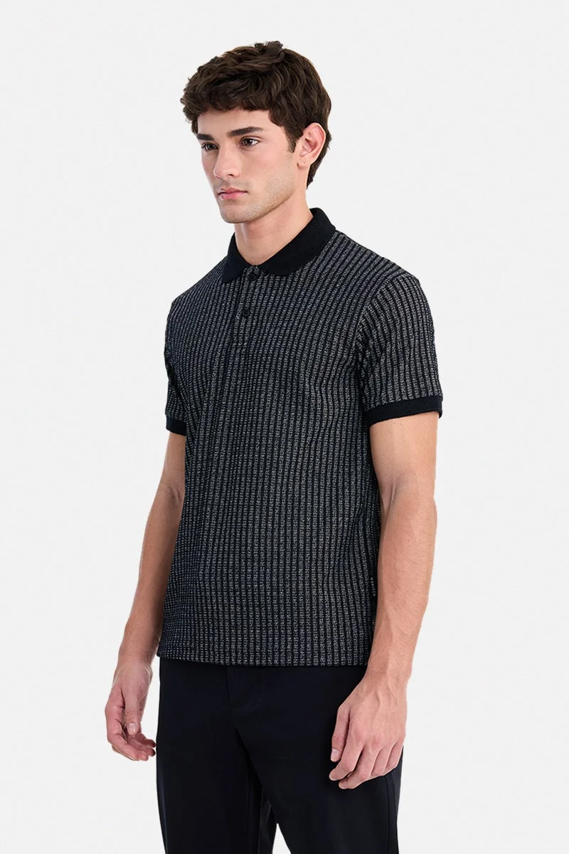 SNITCH Black Textured Half Sleeve Slim Fit Vacation T-Shirt