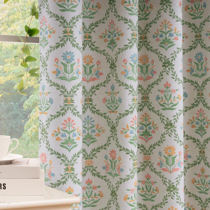 ColorBird Nursery Curtains Girl Spring Decor Blackout Floral Green and Pink Block Print Patterned Curtain Farmhouse Vintage 63 Inch Drapes for Bedroom Living Room Window Treatments - Image 1