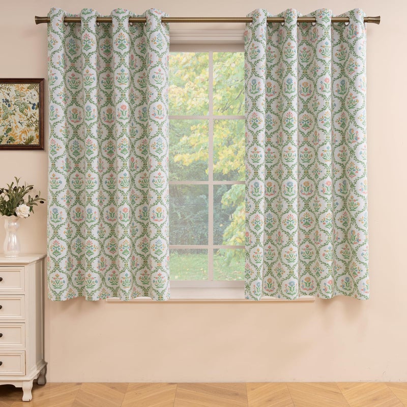ColorBird Nursery Curtains Girl Spring Decor Blackout Floral Green and Pink Block Print Patterned Curtain Farmhouse Vintage 63 Inch Drapes for Bedroom Living Room Window Treatments - Image 4