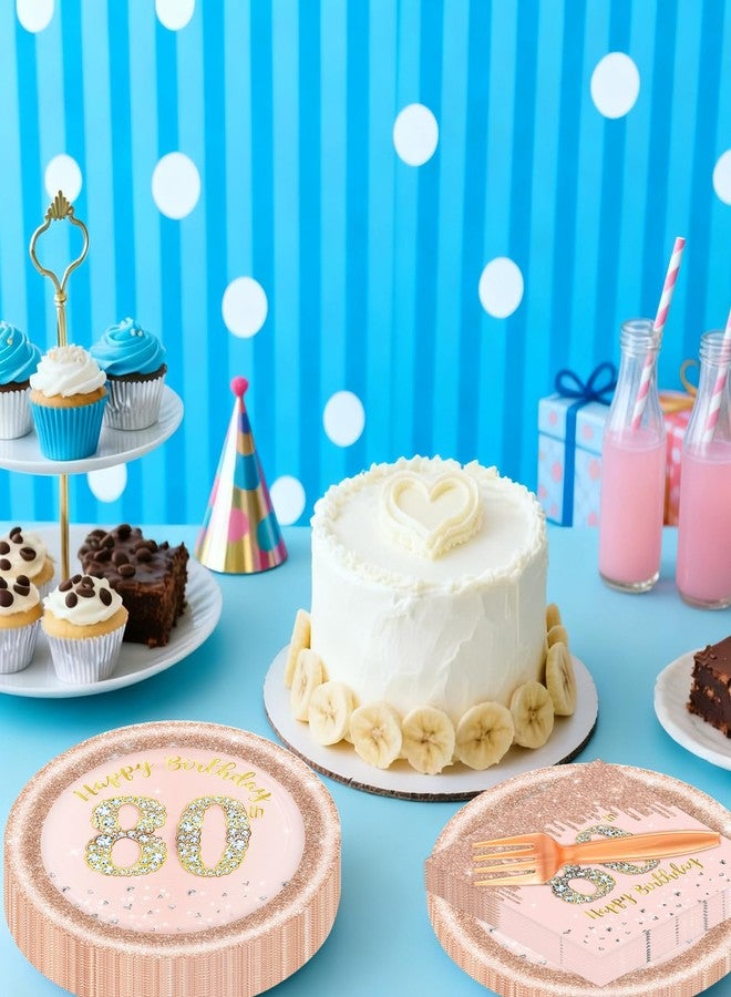 KFJBPB 60 قطعة من زينة عيد الميلاد الثمانين للنساء، أطباق ومناديل عيد الميلاد الثمانين، طقم أدوات مائدة للاستخدام مرة واحدة باللون الذهبي الوردي، لوازم حفلات للنساء، احتفالاً بالذكرى السنوية الثمانين (80TH). - Image 5