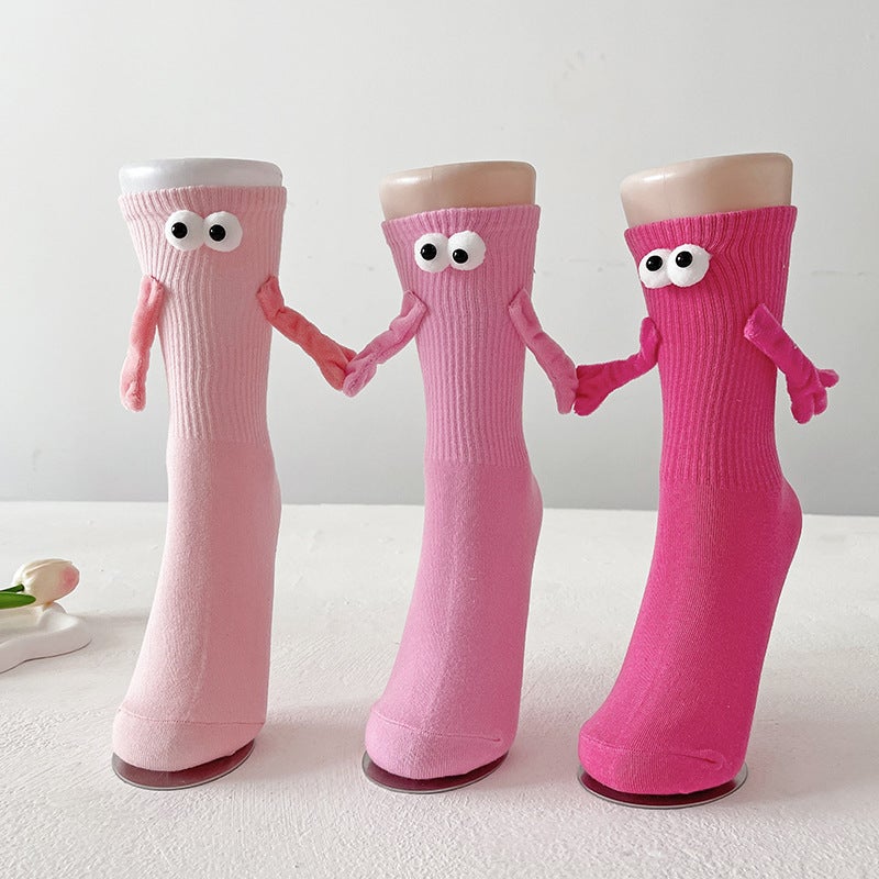 Dopamine Candy Color Couple Holding Hands Socks with Magnetic Pull Mid-Calf Women Pink Cute Love Socks - Image 2
